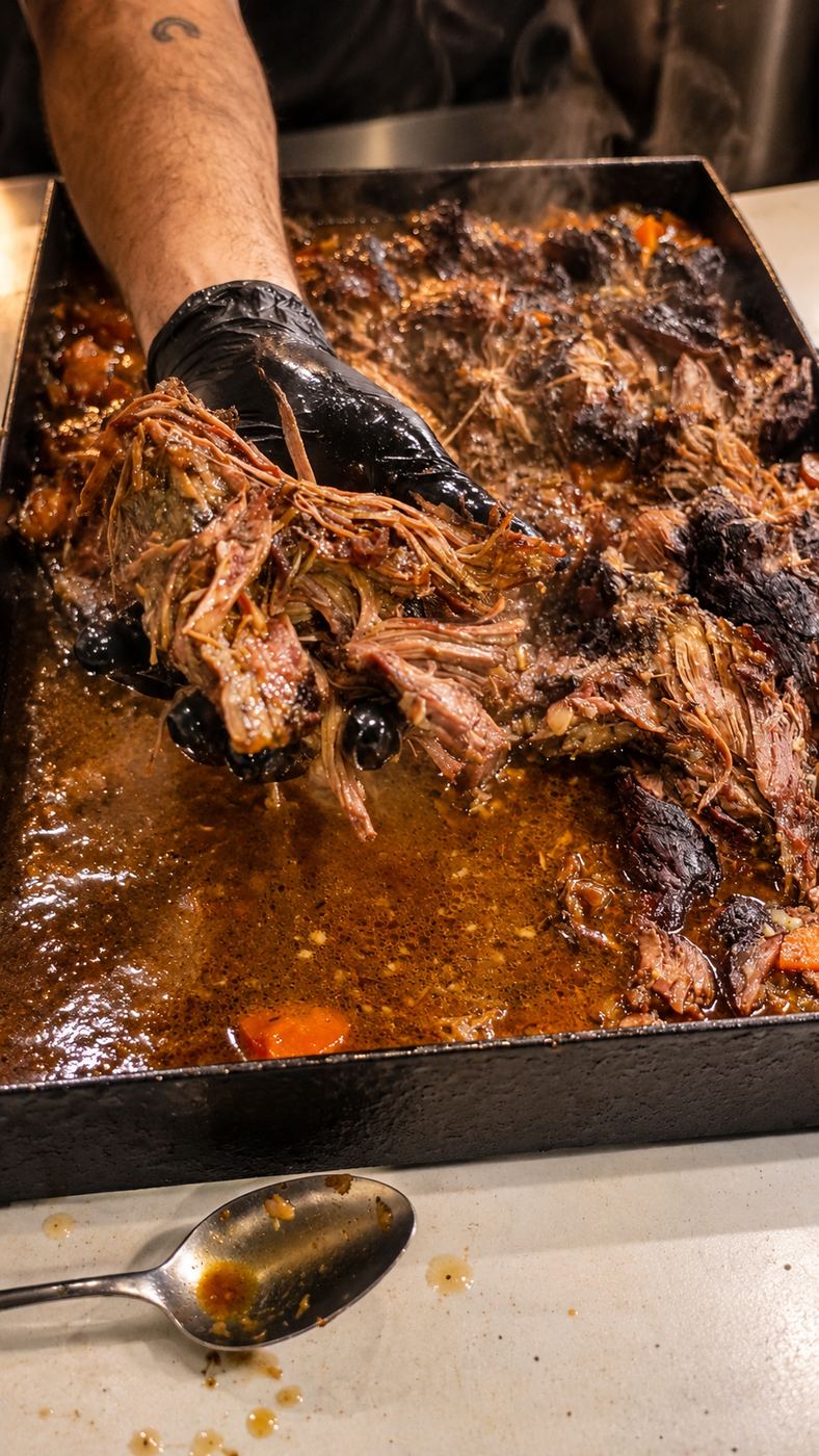 Carne braseada regenerándose en la cocina