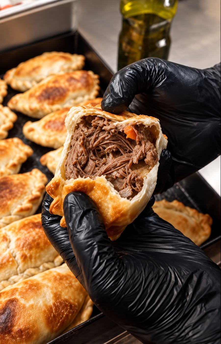 Empanada de braseado abierta, con el relleno a la vista